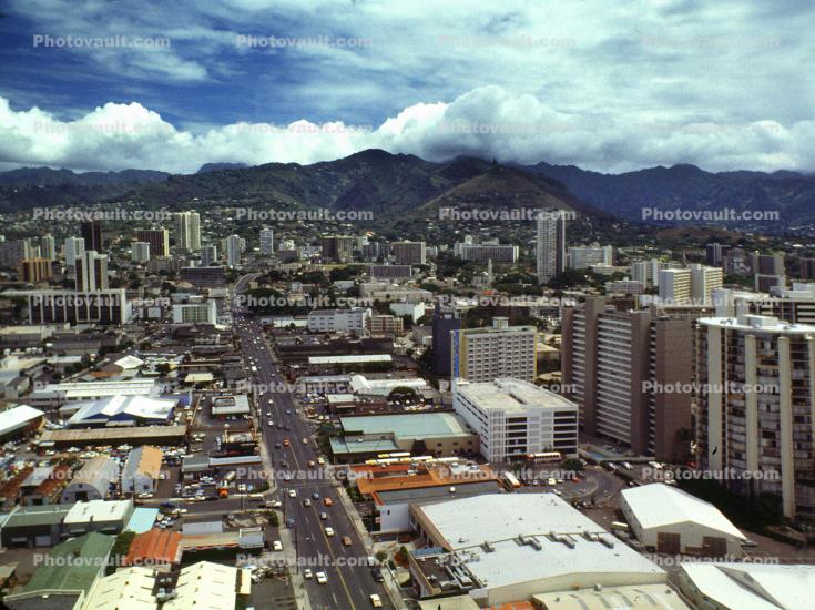Honolulu Cityscape, skyline, mountains, highrise, warehouse, clouds