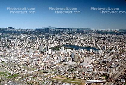 Lake Merritt, Downtown Oakland skyline, Interstate Highway I-880, Mount Diablo, eastbay hills, Nimitz Freeway