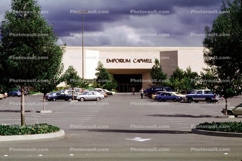 Emporium Capwell, Shopping Center, mall, building, store, cars, parking lot, empty, 1980s