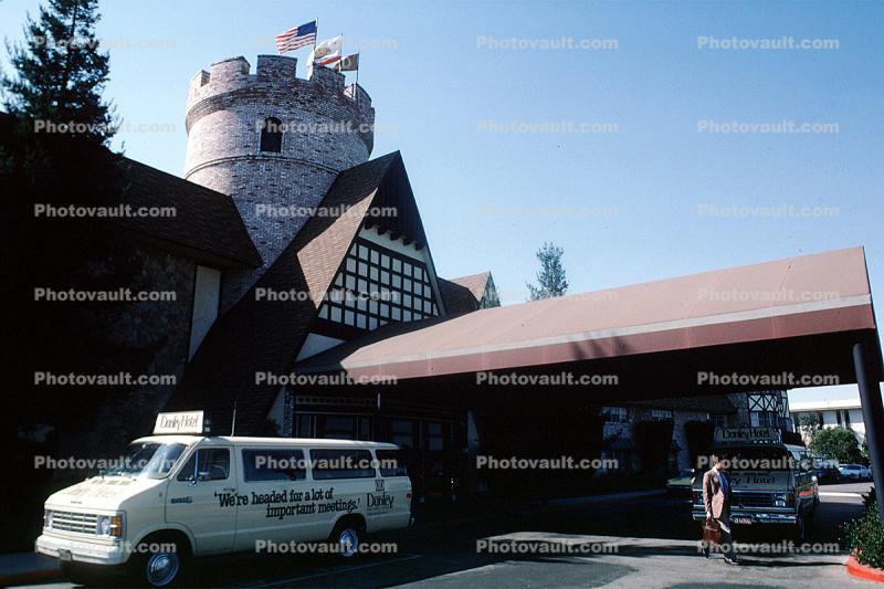 Van, Dunfey Hotel, building, castle, San Mateo, October 1985
