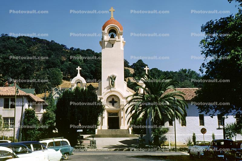 Mission San Rafael, Cars, tower, building, June 15 1956, 1950s