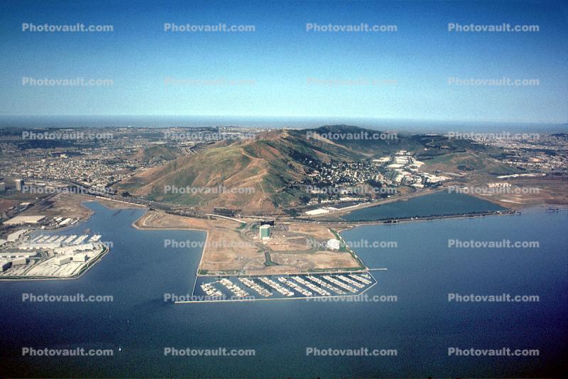 Sierra Point, South San Francisco, San Bruno Mountain, harbor, boats, docks, Marina, aircraft shadow, Bayshore Freeway, Highway 101, Brisbane