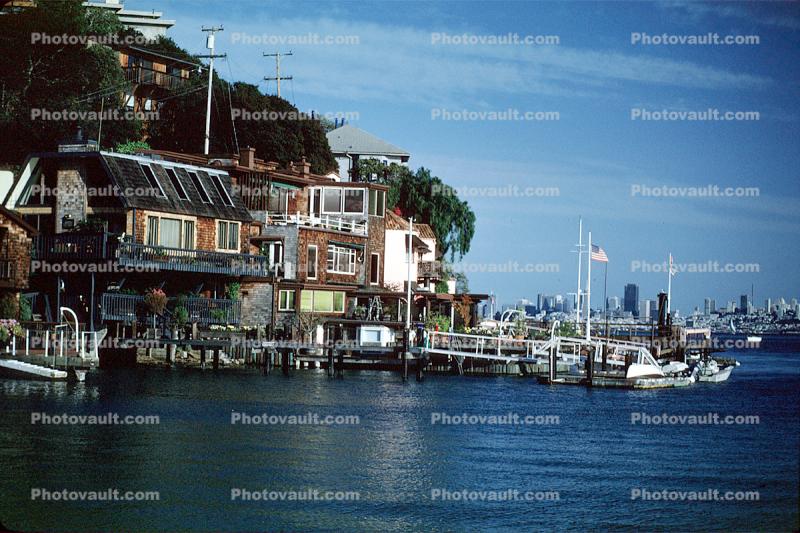 Docks, boats, homes, houses, shore, shoreline, Belvedere, Marin County