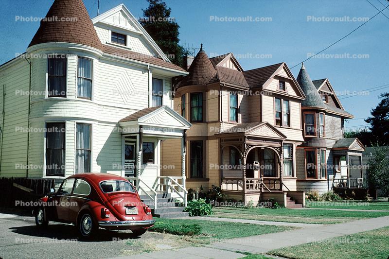 Volkswagen Bug, house, home, front yard, victorian, Building, domestic, domicile, residency, housing