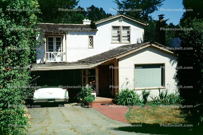 home, hose, single family dwelling unit, 1955 Cadillac, front yard, Building, Garage, car, 1950s