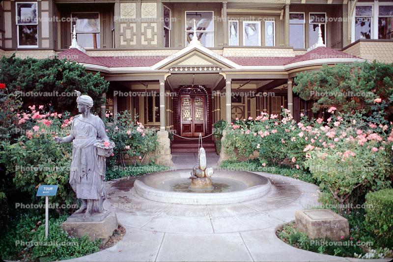 Statue, Garden, Water Fountain, flowers, Winchester Mystery House, landmark building