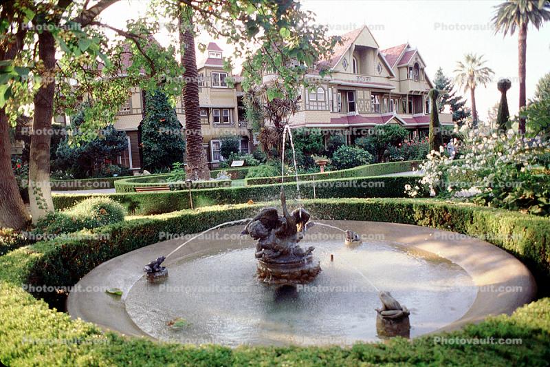 Water Fountain, flowers, Statue, Garden, Winchester Mystery House, landmark building
