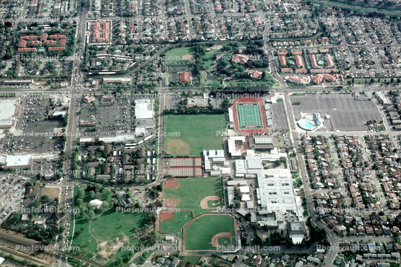 School, buildings, baseball field