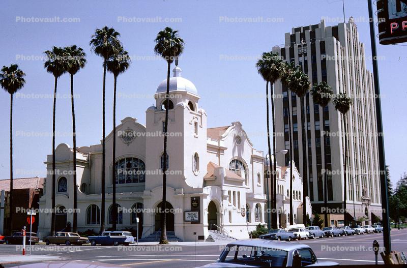 First Methodist Church, landmark building, cars, Downtown San Jose, June 1965, 1960s