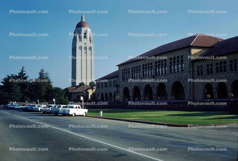 Hoover Tower, buildings, cars, Stanford University, 1950s