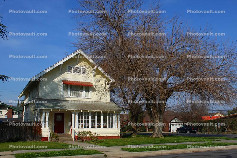 home, house, single family dwelling unit, building, town, housing, bare tree, sidewalk, Bakersfield