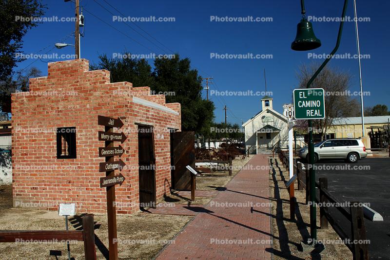 El Camino Real, curved bell, schoolhouse, building, sidewalk, path, brick, Paso Robles History Museum