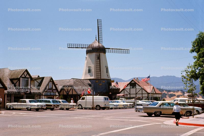 Windmill in Downtown Solvang, Buildings, Cars, July 1968, 1960s