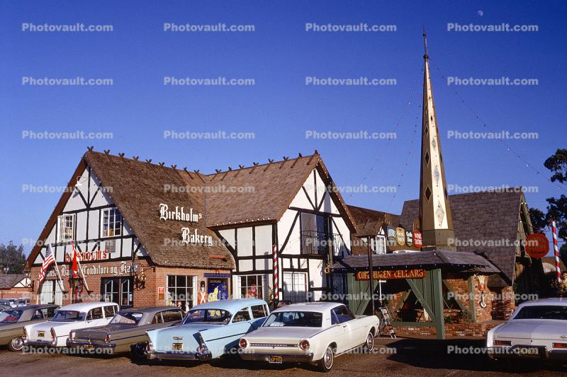 Birkholms Bakery, cars, Solvang, 1960s
