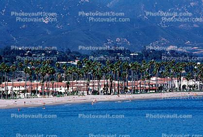 Homes, Beach, palm trees, Pacific Ocean, mountains, coast, coastal, shoreline, seaside, coastline