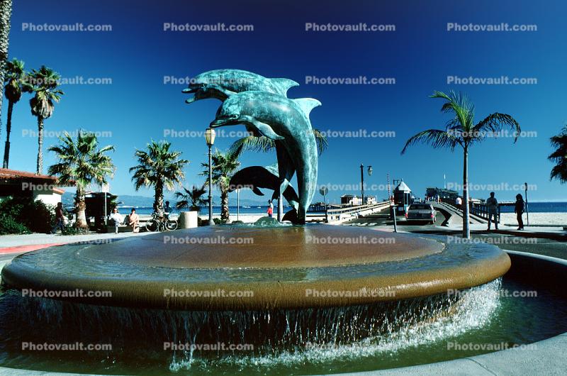 Palm tree, pier, pacific ocean, palm trees, Stearns Wharf, Dolphin Water Fountain, 9 February 1988