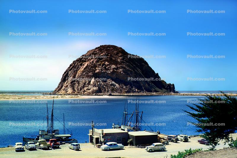 waterfront, shoreline, buildings, restaurant, Morro Rock, Volcanic Plug, Landmark, Car, Automobile, Vehicle, 1940s