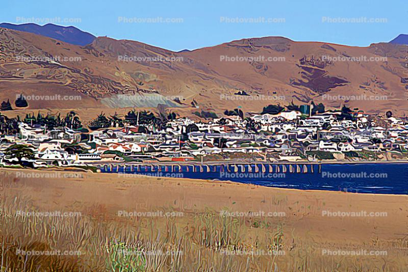 Hills, Buildings, Pier, shore, Homes, Houses, Estero Bay, Cayucos