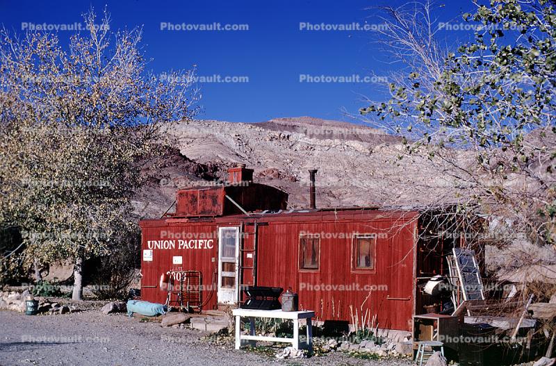 Union Pacific Caboose, home, house, building, desert, 972, 1970s