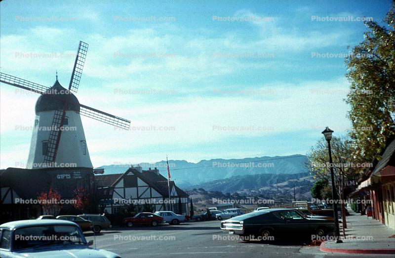Downtown Windmill, Car, Automobile, Vehicle, Solvang, December 1975, 1970s