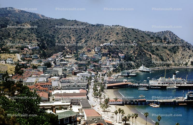 Harbor, beach, pier, SS-Catalina, bluffs, Homes, Houses, buildings, hills, Avalon, 1960, 1960s