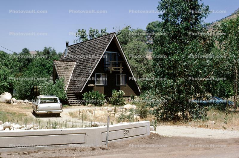 A-frame house, vacation home, car, shake roof, July 1971, 1970s