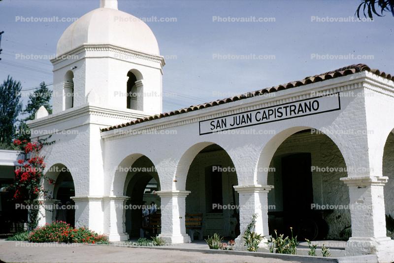 San Juan Capistrano Railroad Depot, Dome, arches, tower, building, Bougainvillea, 1964, 1960s
