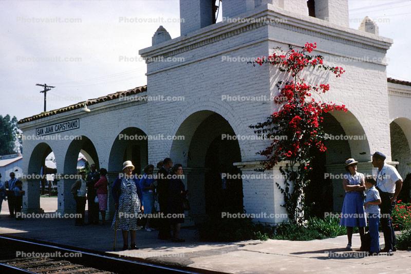 San Juan Capistrano Railroad Depot, arches, building, Bougainvillea, 1964, 1960s