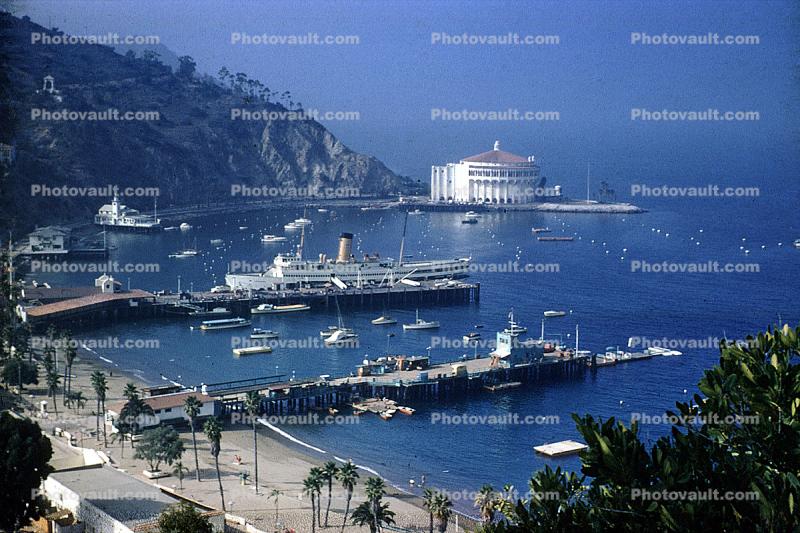 Beach, The Casino, Pier, SS-Catalina, Avalon Harbor, Catalina Island, 1960s, Harbor