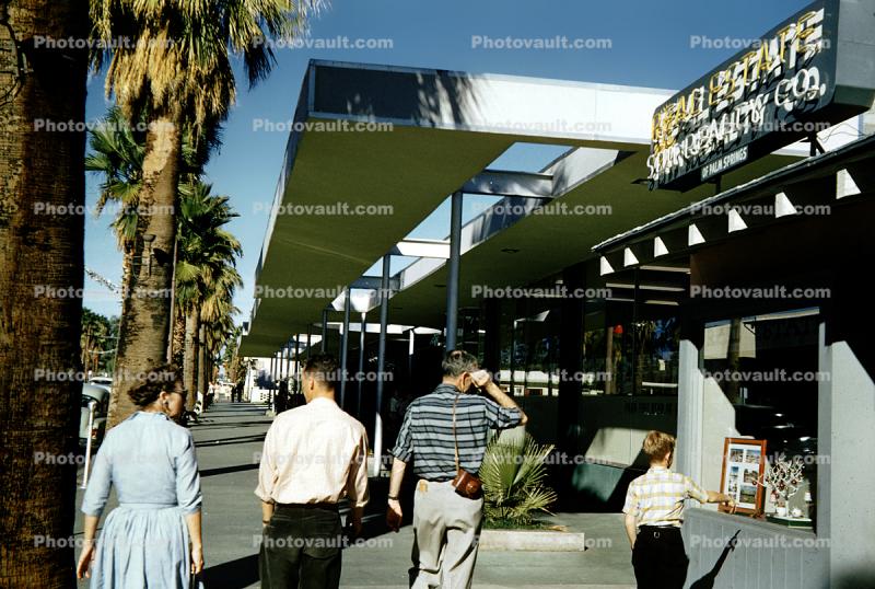 Real Estate of Palm Springs Store, Downtown Shoppers, sidewalk, shops, people, March 1958, 1950s