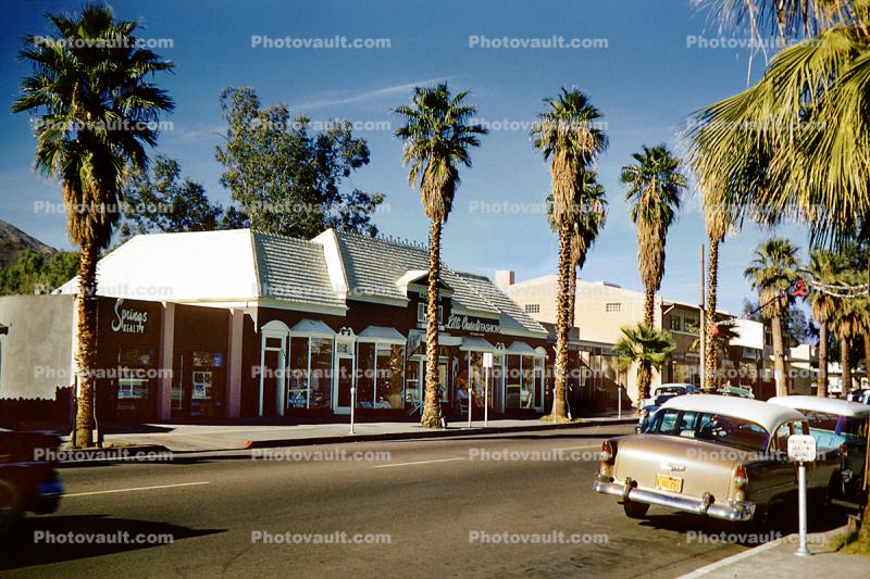Chevy Belair, car, buildings, shops, trees, March 1958, 1950s