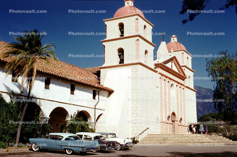Santa Barbara Mission, building, parked cars, 1950s