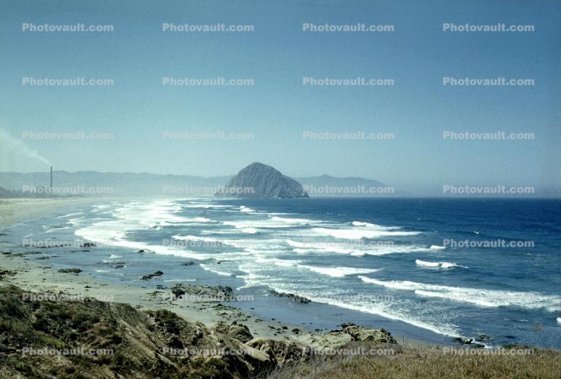 Morro Rock, beach, waves, power plant, Pacific Ocean, June 1959, 1950s