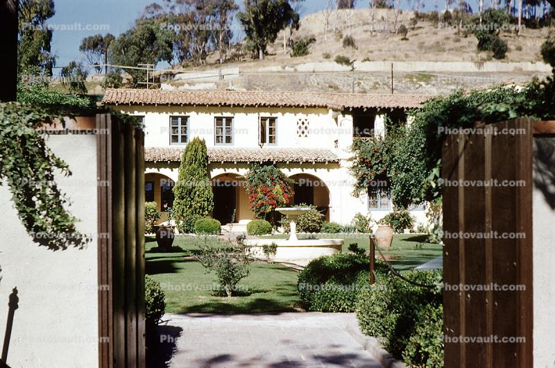 San Buenventura Mission building, garden, October 1956, 1950s