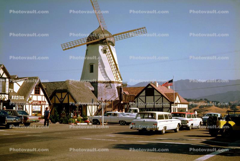 Solvang, Windmill, buildings, Dutch Village, town, 1960s