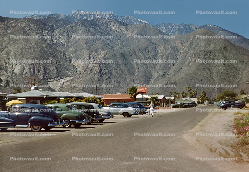 The Montecito Motel, Parked Cars, Palm Springs, San Jacinto Peak, 1950s