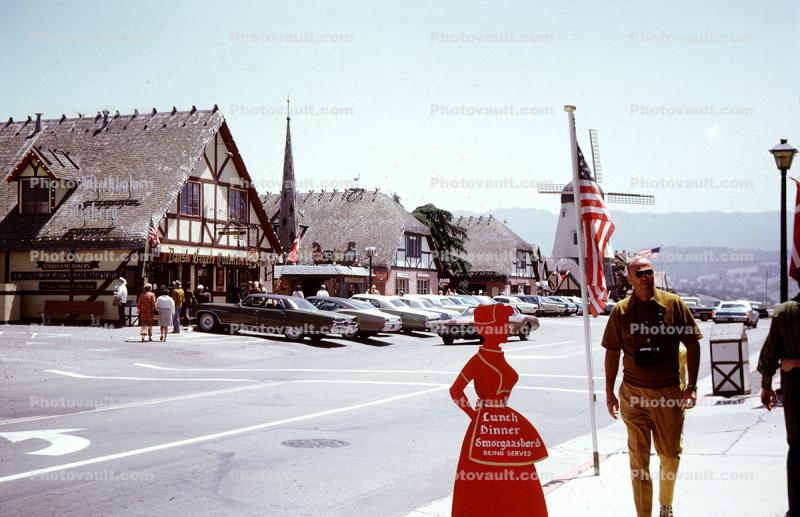 Shops, Stores, Parked Cars, Man, Solvang, June 1971