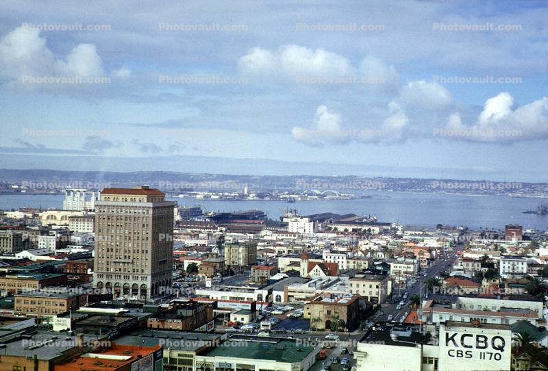KCBQ, Downtown San Diego Skyline, cityscape, buildings, Bay, Point Loma, 1953, 1950s