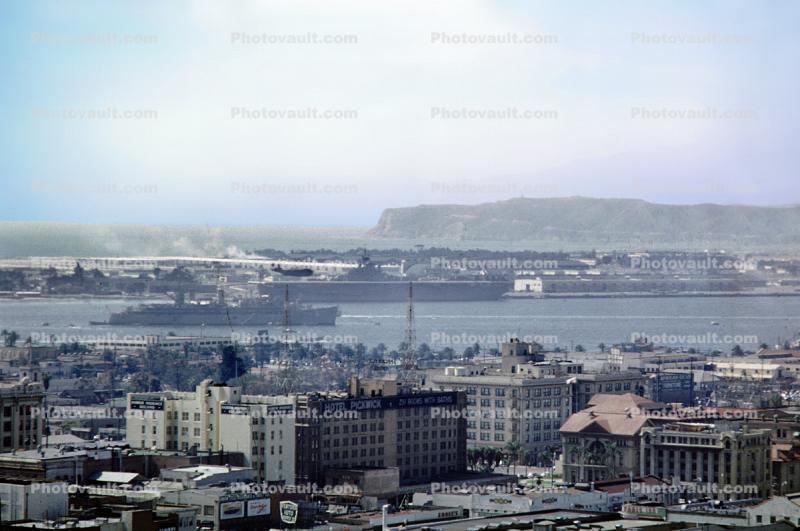 Coronado, Harbor, Aircraft Carrier, Downtown San Diego Skyline, cityscape, buildings, Bay, Point Loma, 1953, 1950s