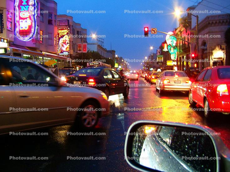 Cars, traffic, rain, rainy, Twilight, Dusk, Dawn, Night, nightime, Exterior, Outdoors, Outside, Nighttime, North-Beach, Columbus Avenue, automobile, vehicles