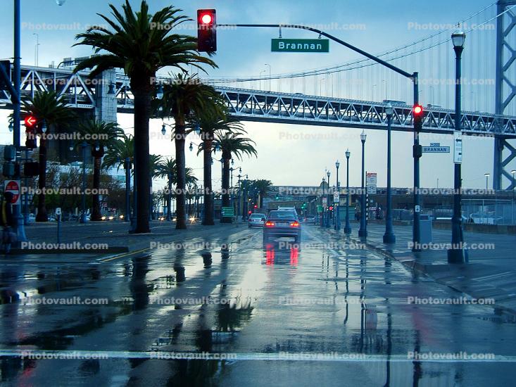 rain, wet, slippery, inclement weather, Brannan Street at The Embarcadero, San Francisco Oakland Bay Bridge