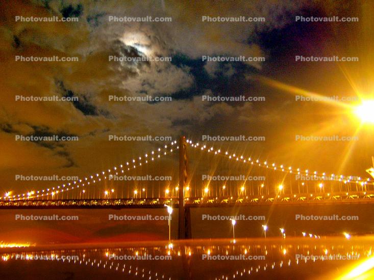 San Francisco Oakland Bay Bridge, The Embarcadero, full moon, night, moonlight