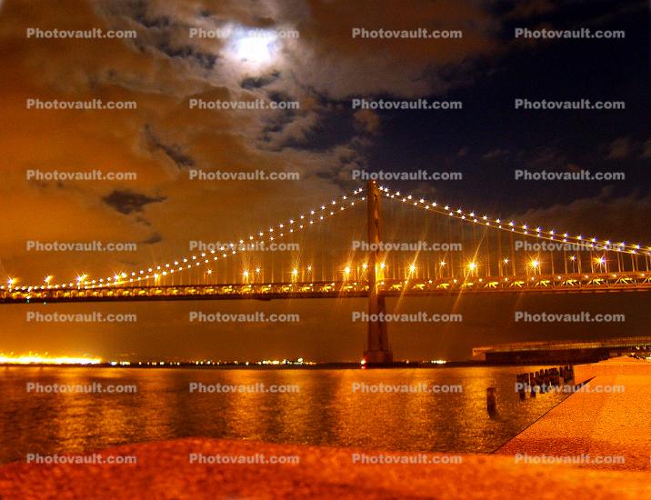 San Francisco Oakland Bay Bridge, The Embarcadero, full moon, night, moonlight