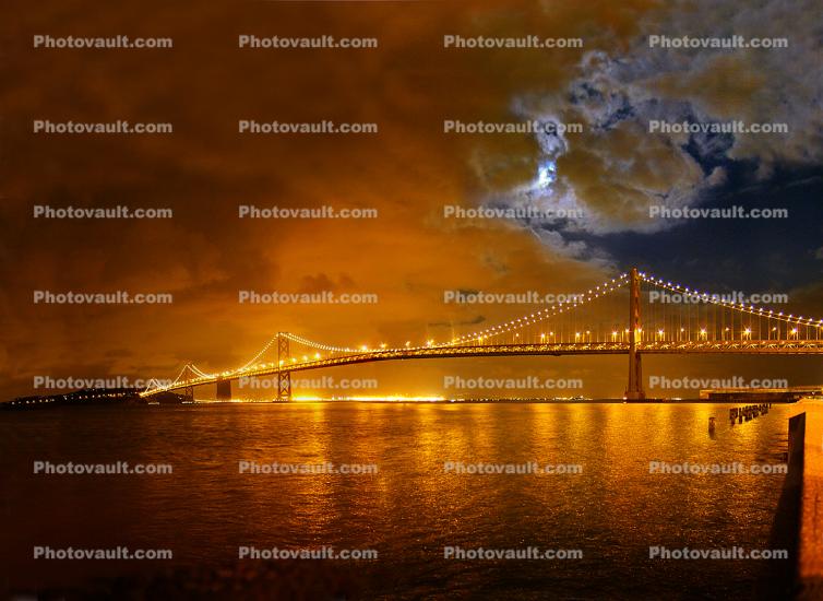 San Francisco Oakland Bay Bridge in the Moonlight, The Embarcadero, full moon, night, moonlight