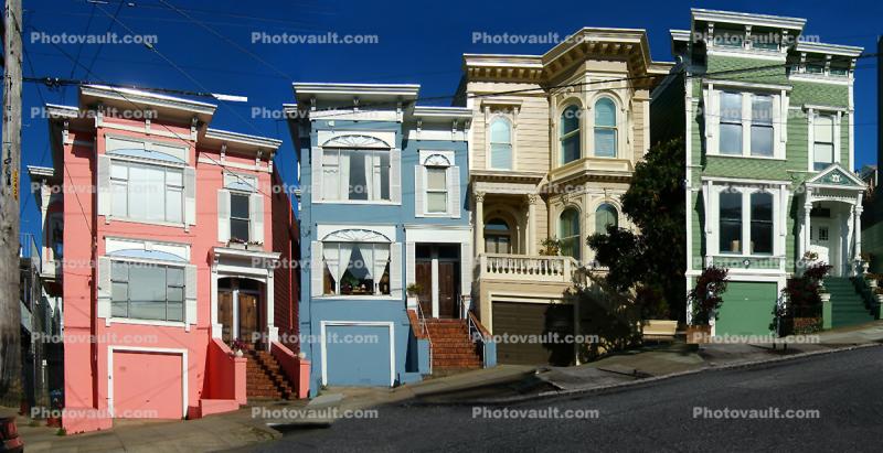 Row of Victorians, residential, exterior, outdoors, outside, mansion, domestic, domicile, residency, housing, Garage Door, Driveway, Home, House, Building, Cow Hollow