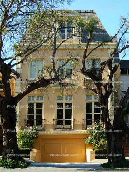 Home, Yellow House, trees, Garage Door, Lower Pacific Heights, Pacific-Heights