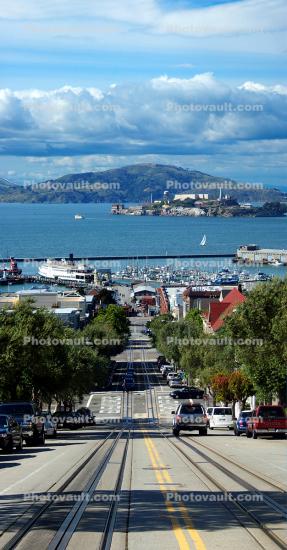 Hyde Street looking north from Russian Hill, Pier, Aquatic Park, Angel Island