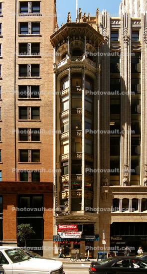 Skinniest, skinny, The Heineman Building, 130 Bush Street, thin narrow building, Financial District, Gothic revival, detail, June 2005
