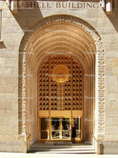 Shell Building, 100 Bush Street, Financial District, Downtown, arch, Door, Doorway, Entrance, Entry Way, Entryway, Commercial Offices, Gothic, Art Deco, building, detail, June 2005