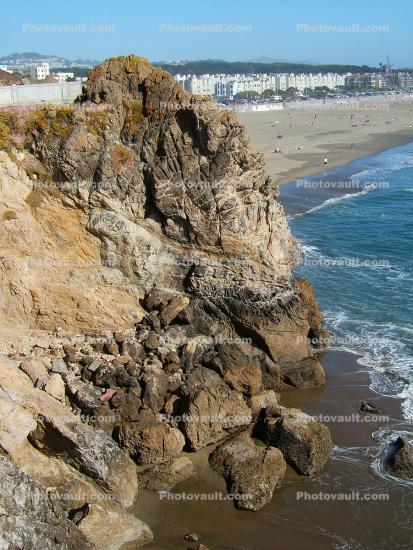 Ocean Beach, rocks, boulders, buildings, Ocean-Beach, June 2005